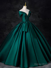 A-Line Off Shoulder Satin Green Long Prom Dress, Green Long Formal Dress