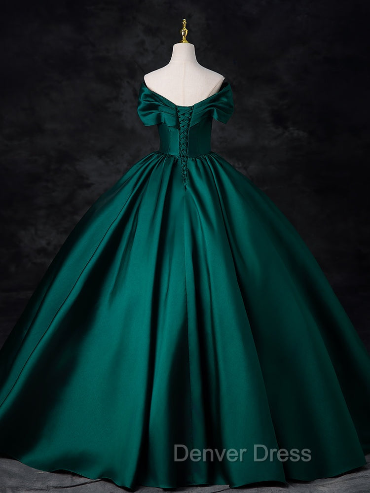 A-Line Off Shoulder Satin Green Long Prom Dresses, Green Long Formal Dresses
