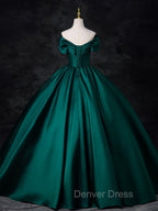 A Line Off Shoulder Satin Green Long Prom Dress, Green Long Prom Dresses