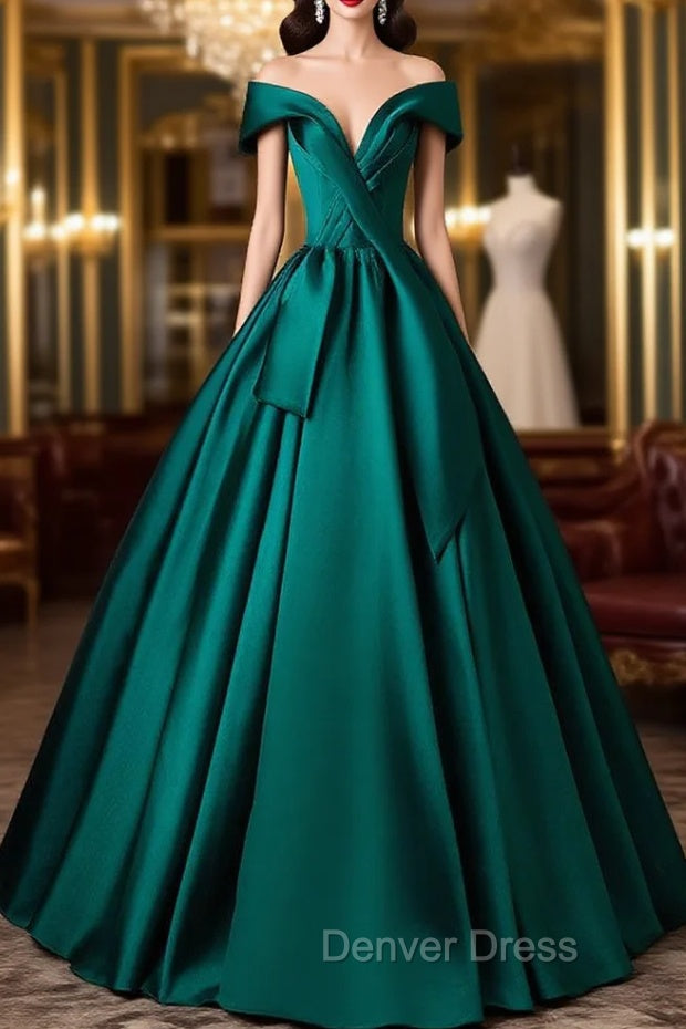 A-Line Off Shoulder Satin Green Long Prom Dresses, Green Long Formal Dresses Main image