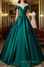 A-Line Off Shoulder Satin Green Long Prom Dresses, Green Long Formal Dresses
