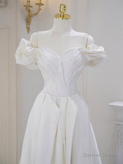 A-Line Off Shoulder Satin ivory Long Prom Dress, Ivory  Long Bridesmaid Dress