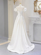 A Line Off Shoulder Satin ivory Long Prom Dress, Ivory Long Bridesmaid Dresses