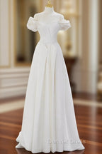 A Line Off Shoulder Satin ivory Long Prom Dress, Ivory Long Bridesmaid Dresses
