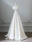 A-Line Off Shoulder Satin Light Champagne Long Prom Dresses, Light Champagne Evening Dresses