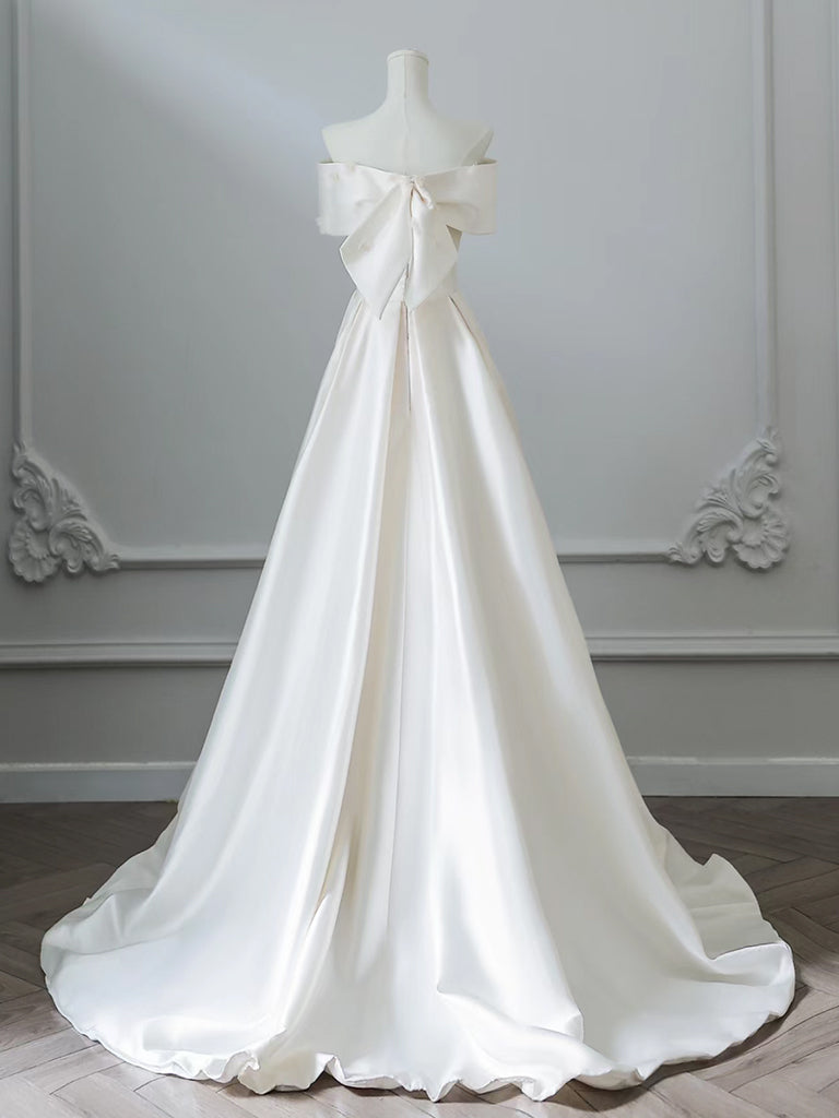 A-Line Off Shoulder Satin Light Champagne Long Prom Dresses, Light Champagne Evening Dresses