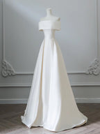 A-Line Off Shoulder Satin Light Champagne Long Prom Dresses, Light Champagne Evening Dresses