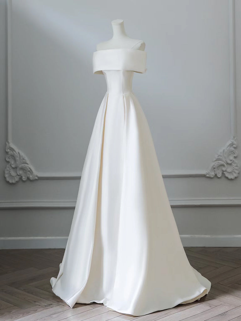 A-Line Off Shoulder Satin Light Champagne Long Prom Dresses, Light Champagne Evening Dresses
