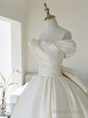A-Line Off Shoulder Satin Light Champagne Long Prom Dress, Light Champagne Formal Dress