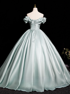 A-Line Off Shoulder Satin Light Green Long Prom Dresses, Light Green Long Formal Dresses