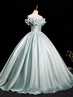 A-Line Off Shoulder Satin Light Green Long Prom Dresses, Light Green Long Formal Dresses