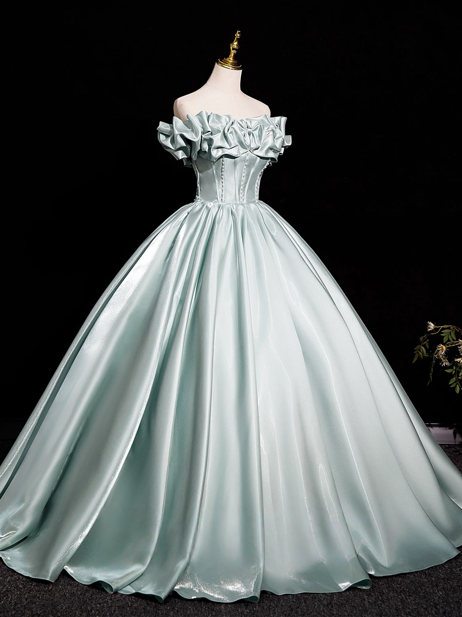 A-Line Off Shoulder Satin Light Green Long Prom Dresses, Light Green Long Formal Dresses