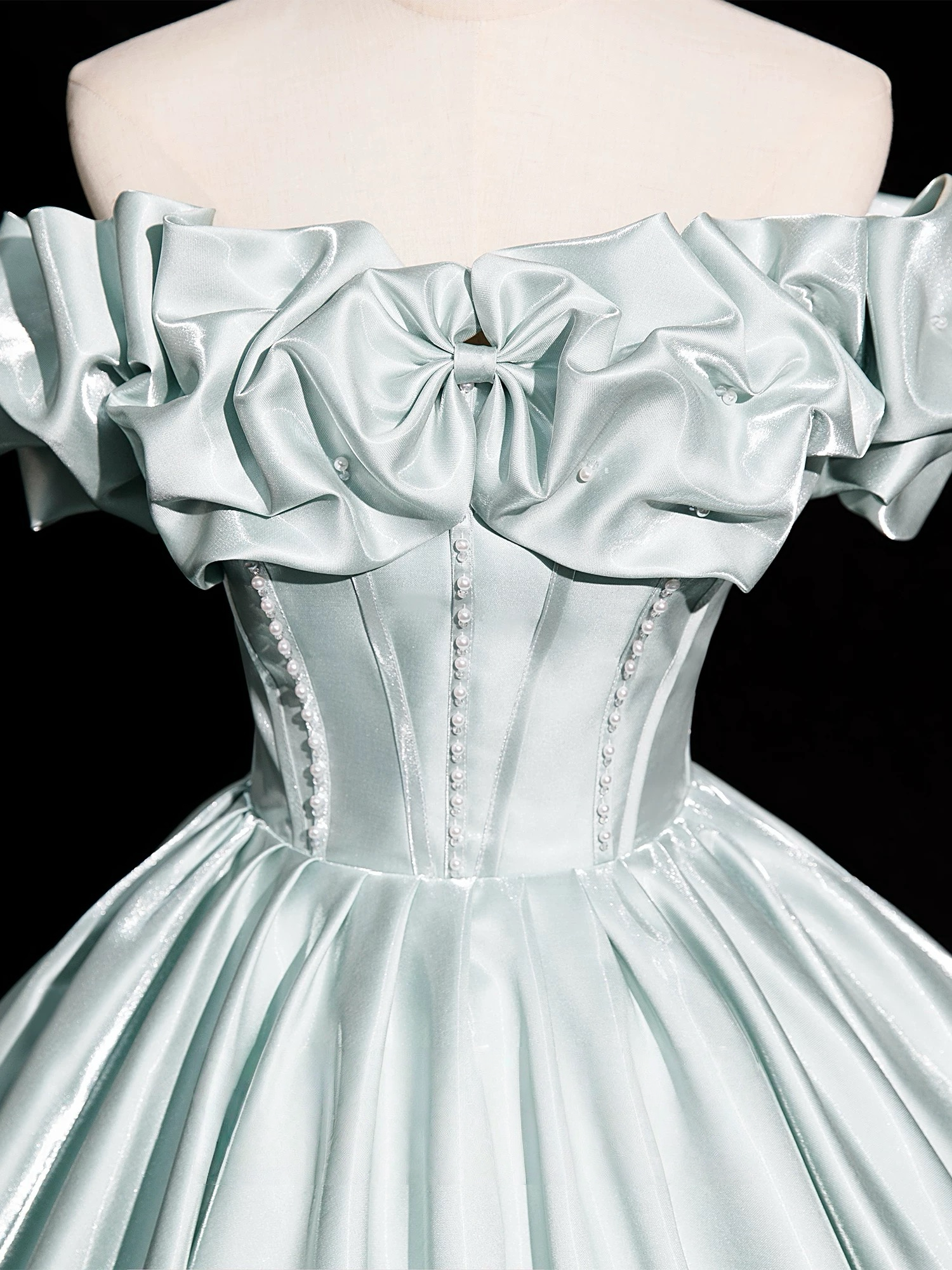 A-Line Off Shoulder Satin Light Green Long Prom Dresses, Light Green Long Formal Dresses