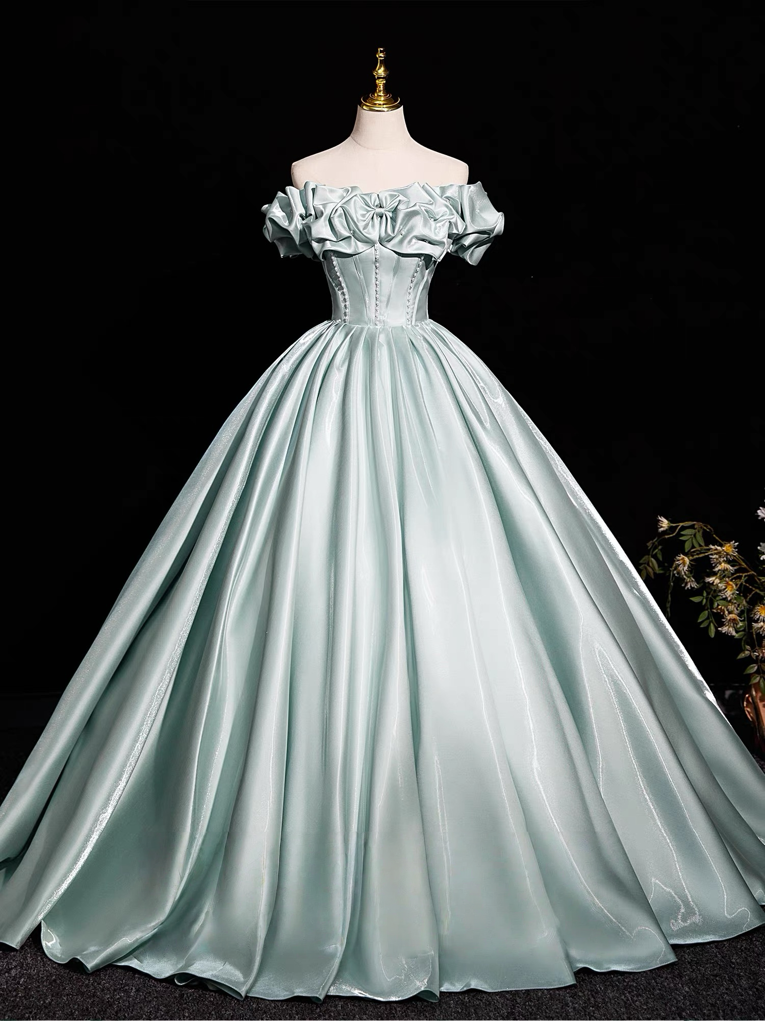 A-Line Off Shoulder Satin Light Green Long Prom Dresses, Light Green Long Formal Dresses