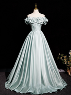 A-Line Off Shoulder Satin Light Green Long Prom Dresses, Light Green Long Formal Dresses