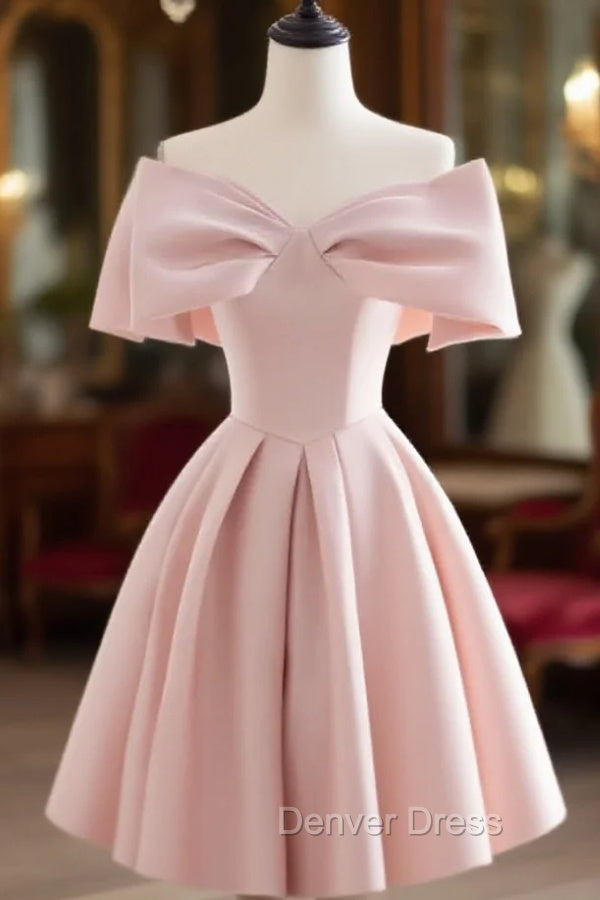 A-Line Off Shoulder Satin Pink Short Prom Dresses, Pink Homecoming Dresses Main image