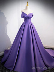 A-Line Off Shoulder Satin Purple Long Prom Dress, Purple Long Evening Dress