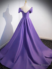 A-Line Off Shoulder Satin Purple Long Prom Dress, Purple Long Evening Dress