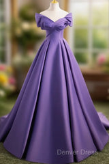A-Line Off Shoulder Satin Purple Long Prom Dresses, Purple Long Evening Dresses