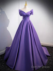 A-Line Off Shoulder Satin Purple Long Prom Dress, Purple Long Evening Dress