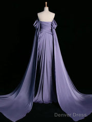 A-Line Off Shoulder Satin Purple Long Prom Dress, Purple Long Formal Dress