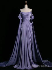 A-Line Off Shoulder Satin Purple Long Prom Dress, Purple Long Formal Dress
