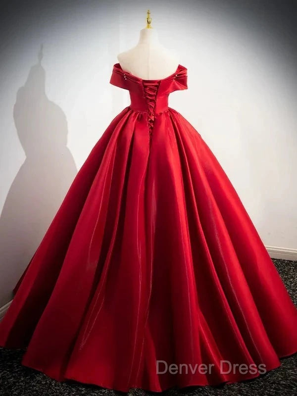 A-Line Off Shoulder Satin Red Ballgown Long Prom Dresses Evening Dresses Floor Length Secondary image