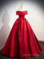 A-Line Off Shoulder Satin Red Ballgown Long Prom Dresses Evening Dresses Floor Length