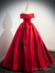 A-Line Off Shoulder Satin Red Ballgown Long Prom Dress Evening Dress Floor Length
