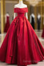 A-Line Off Shoulder Satin Red Ballgown Long Prom Dresses Evening Dresses Floor Length