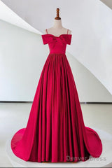 A-Line Off Shoulder Satin Red Long Prom Dress, Red Evening Dress