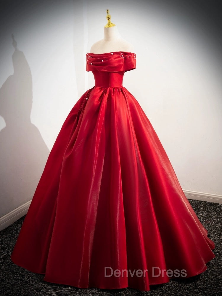 A Line Off Shoulder Satin Red Long Prom Dress, Red Long Prom Dresses