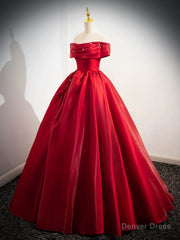 A-Line Off Shoulder Satin Red Long Prom Dress, Red Long Evening Dress