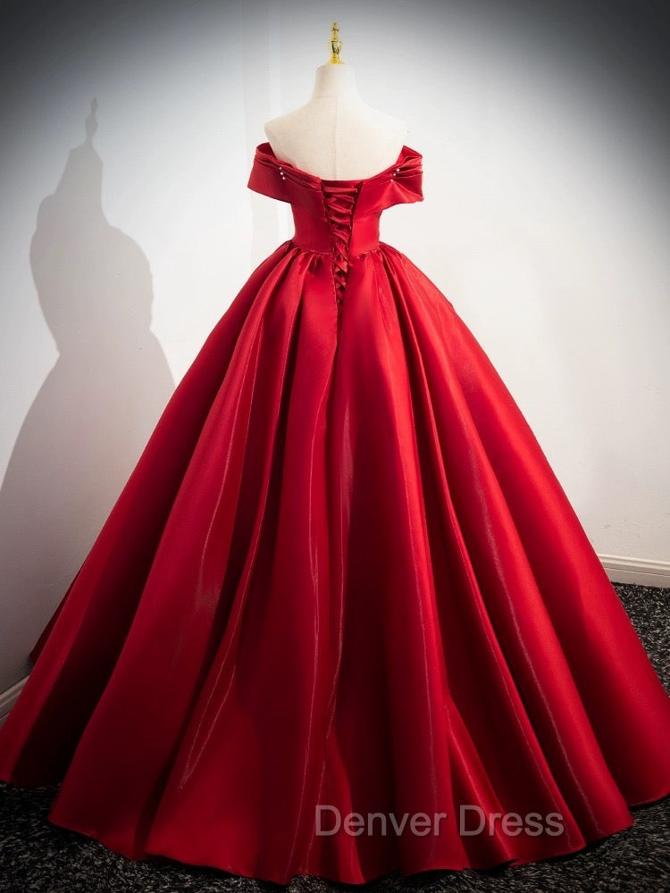 A Line Off Shoulder Satin Red Long Prom Dress, Red Long Prom Dresses