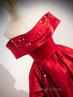 A Line Off Shoulder Satin Red Long Prom Dress, Red Long Prom Dresses