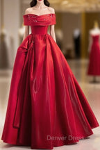 A Line Off Shoulder Satin Red Long Prom Dress, Red Long Prom Dresses