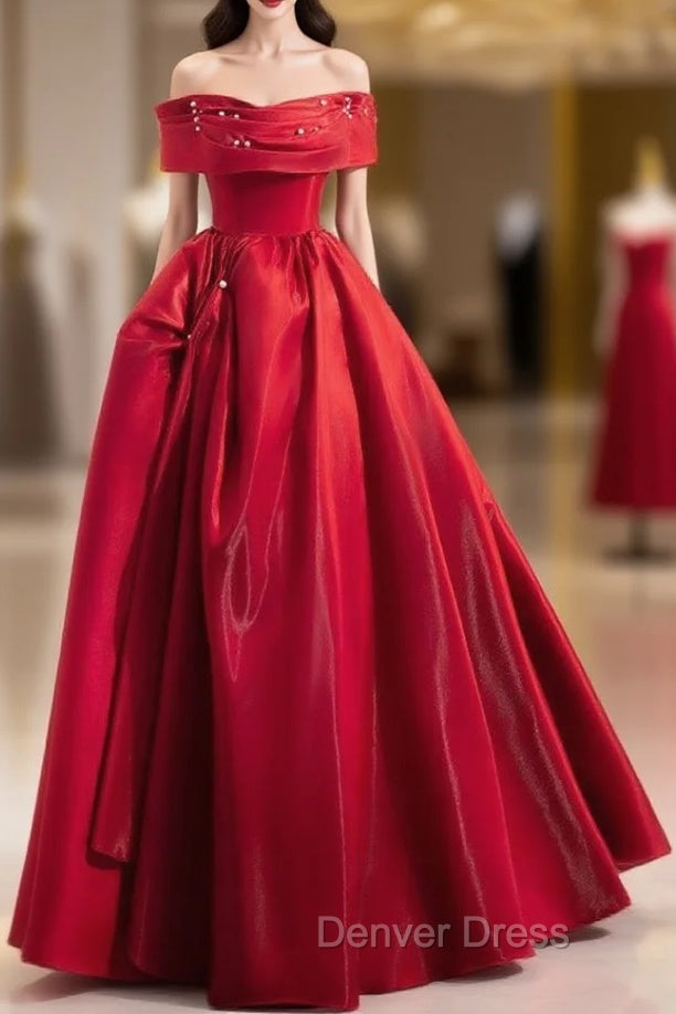 A Line Off Shoulder Satin Red Long Prom Dress, Red Long Prom Dresses