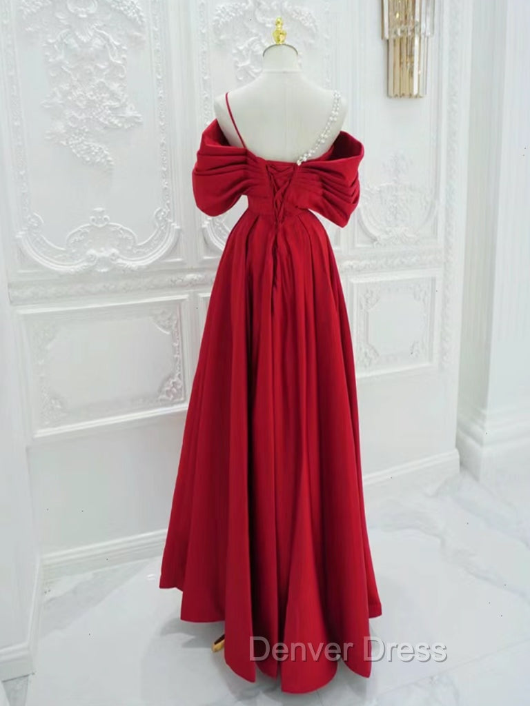 A-Line Off Shoulder Satin Red Long Prom Dresses, Red Long Formal Dresses Secondary image