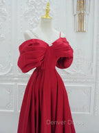 A Line Off Shoulder Satin Red Long Prom Dress, Red Long Prom Dresses