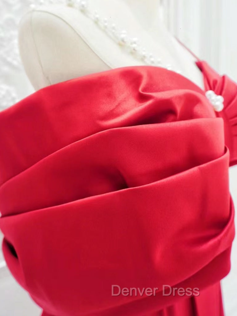 A-Line Off Shoulder Satin Red Long Prom Dresses, Red Long Formal Dresses