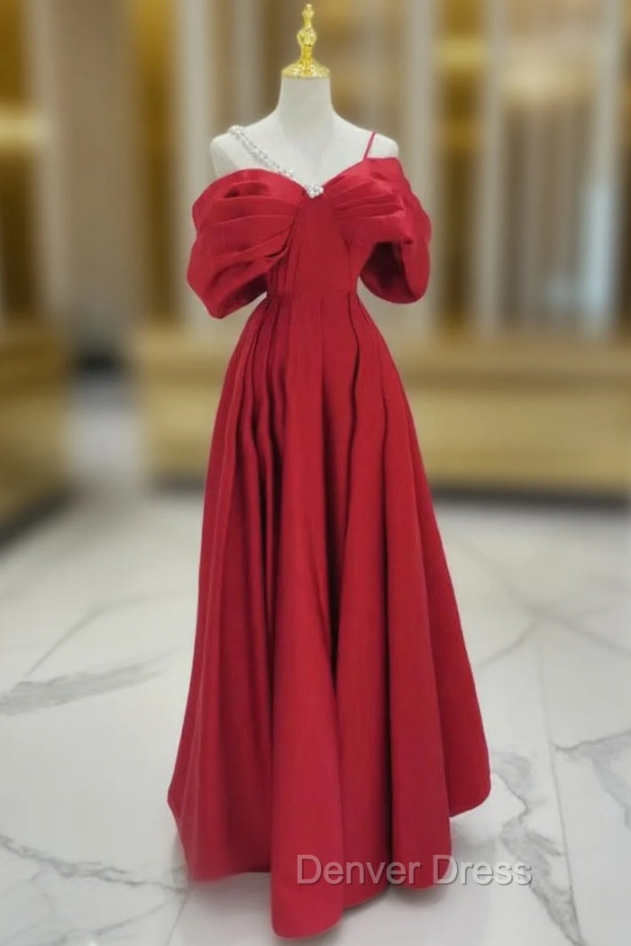 A-Line Off Shoulder Satin Red Long Prom Dresses, Red Long Formal Dresses