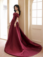 A-Line Off Shoulder Satin Sweet Train Dark Red Long Prom Dresses