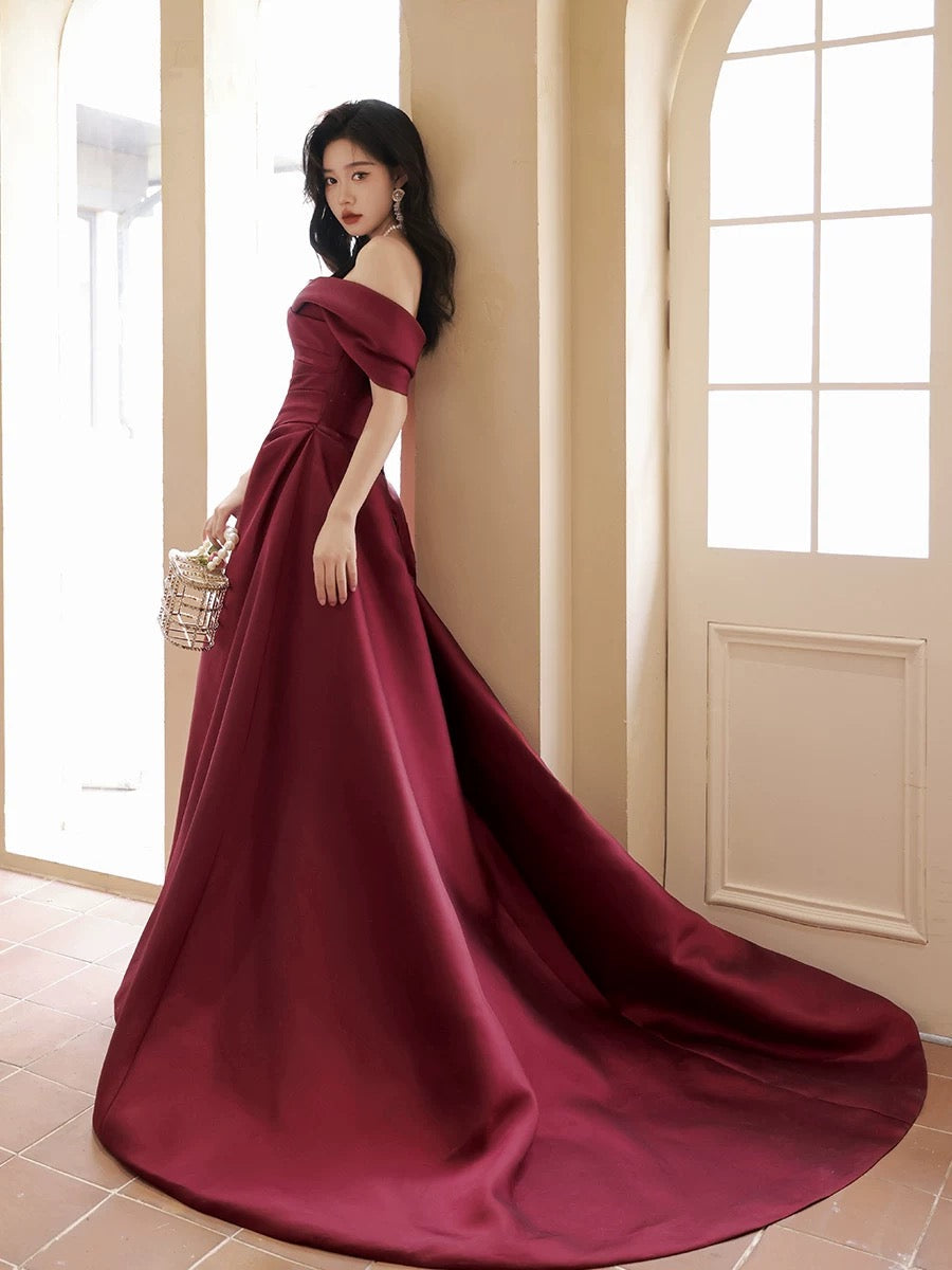 A-Line Off Shoulder Satin Sweet Train Dark Red Long Prom Dresses
