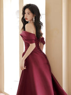 A-Line Off Shoulder Satin Sweet Train Dark Red Long Prom Dresses