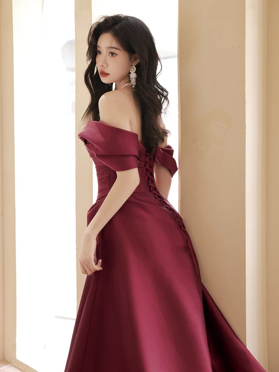 A-Line Off Shoulder Satin Sweet Train Dark Red Long Prom Dresses