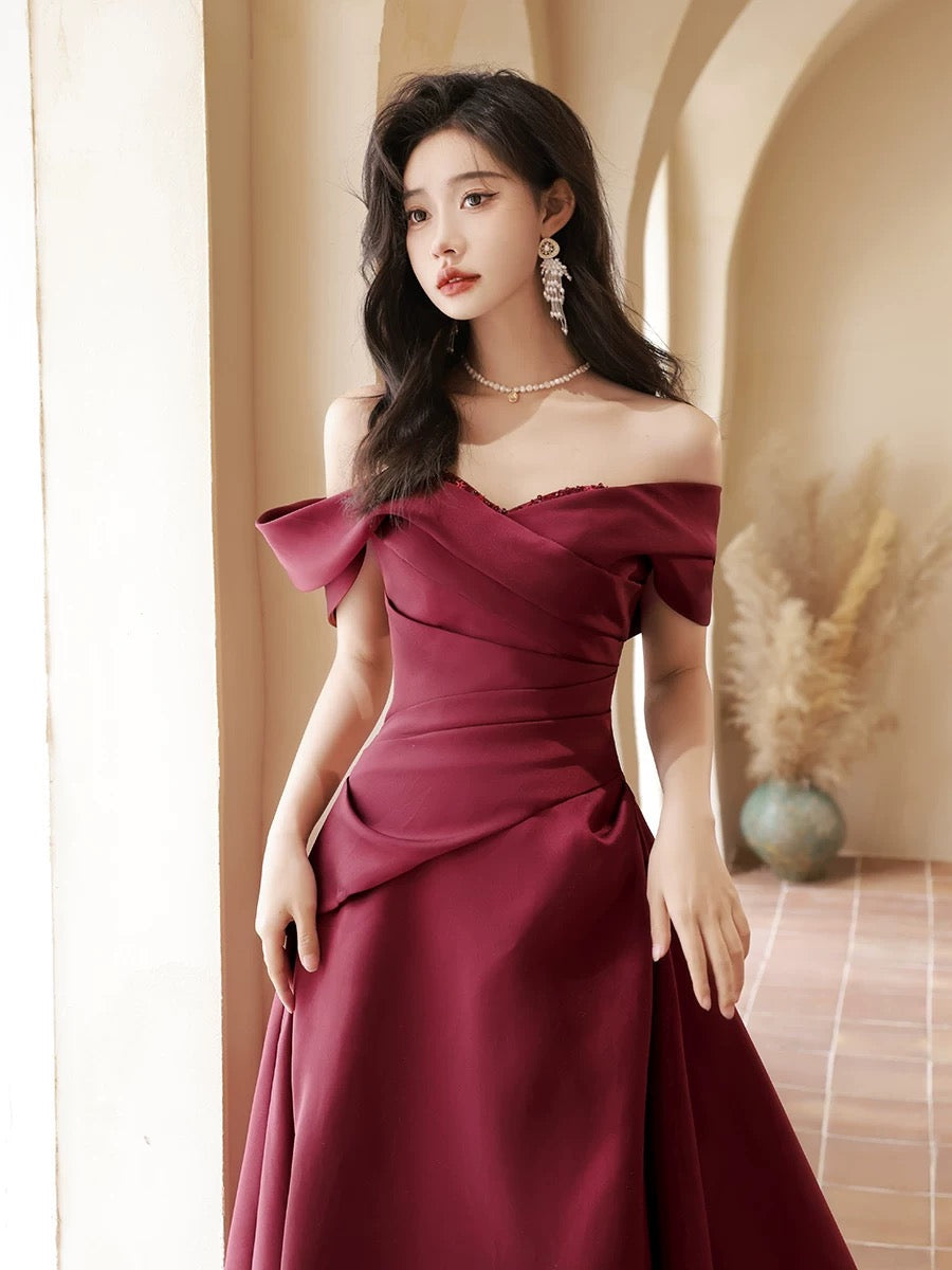 A-Line Off Shoulder Satin Sweet Train Dark Red Long Prom Dresses