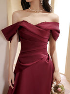 A-Line Off Shoulder Satin Sweet Train Dark Red Long Prom Dresses