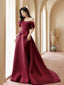 A-Line Off Shoulder Satin Sweet Train Dark Red Long Prom Dresses