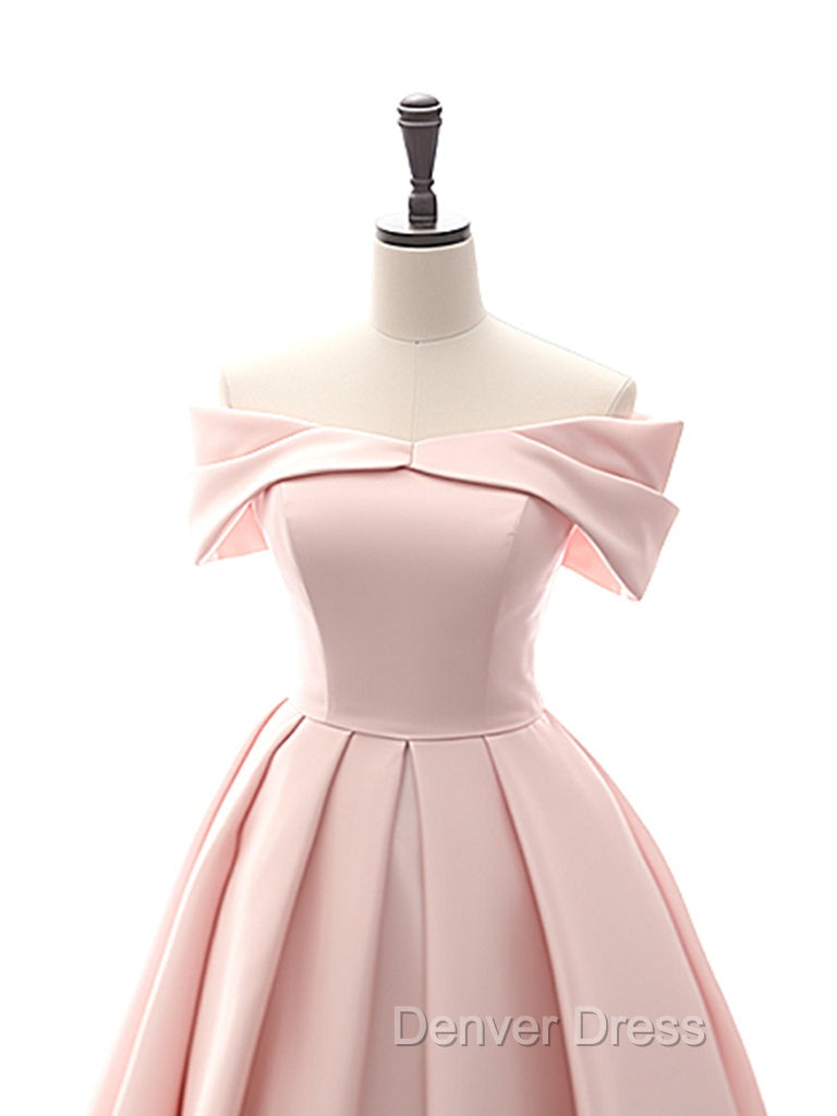 A-Line Off Shoulder Satin Tea Length Pink Prom Dresses, Pink Formal Dresses