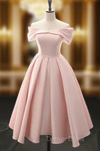 A-Line Off Shoulder Satin Tea Length Pink Prom Dresses, Pink Formal Dresses